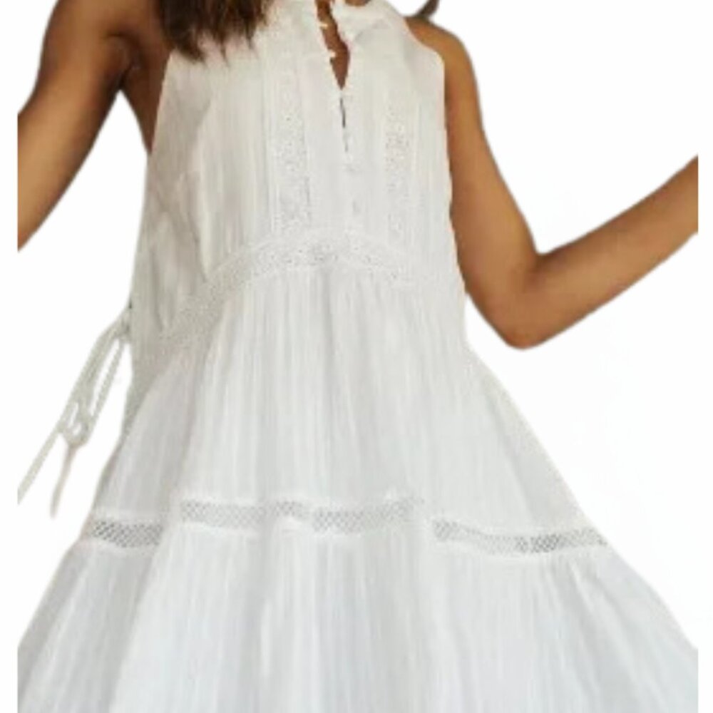 White Patchwork Stand-Up Collar Button Dress Medi… - image 5